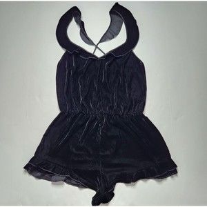 Victoria's Secret PJ Pajama Romper Womens M Black Velvet Polyester Ruffle Sleeve